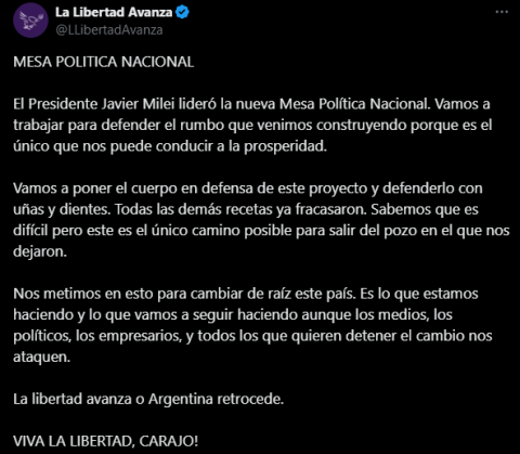 El tweet de la cuenta de X de LLA