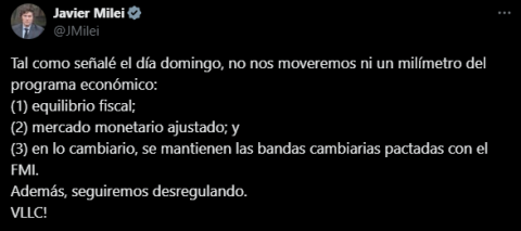 El tuit de Javier Milei acerca del rumbo económico 