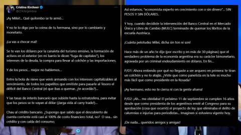 El tweet que le dedicó CFK a Javier Milei en su cuenta personal de X